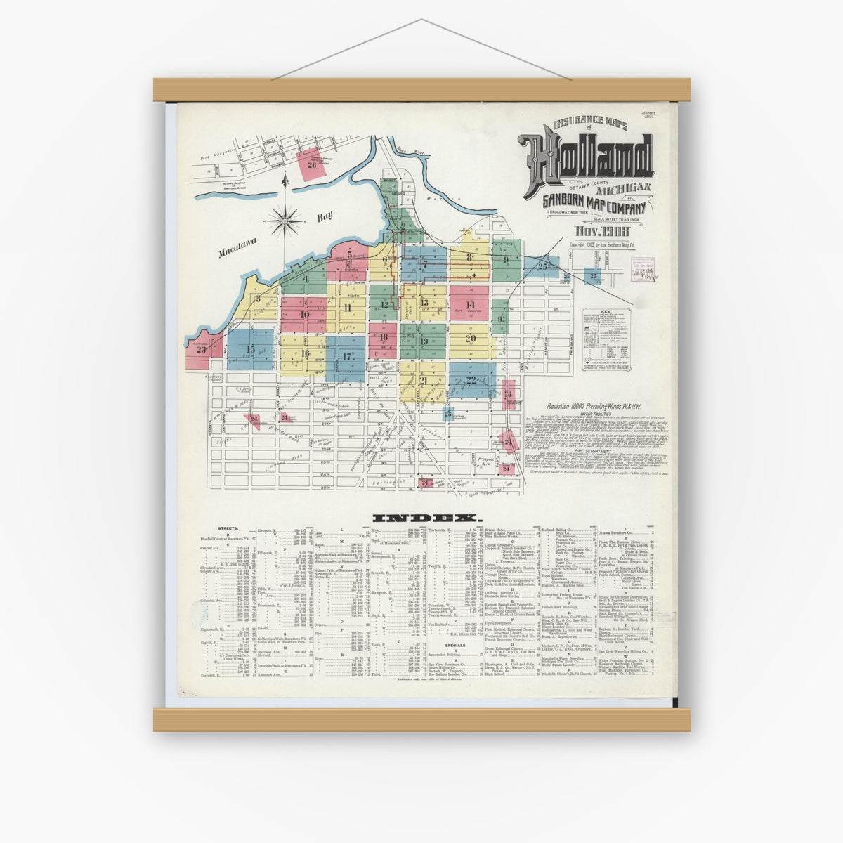 Old map wall art mockup — magnetic wood frame on white wall — Sanborn Fire Insurance Map from Holland, Ottawa County, Michigan (1908), Sheet #0001