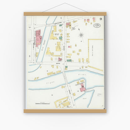 Old map wall art mockup — magnetic wood frame on white wall — Sanborn Fire Insurance Map from Lyons, Wayne County, New York (1899), Sheet #0009