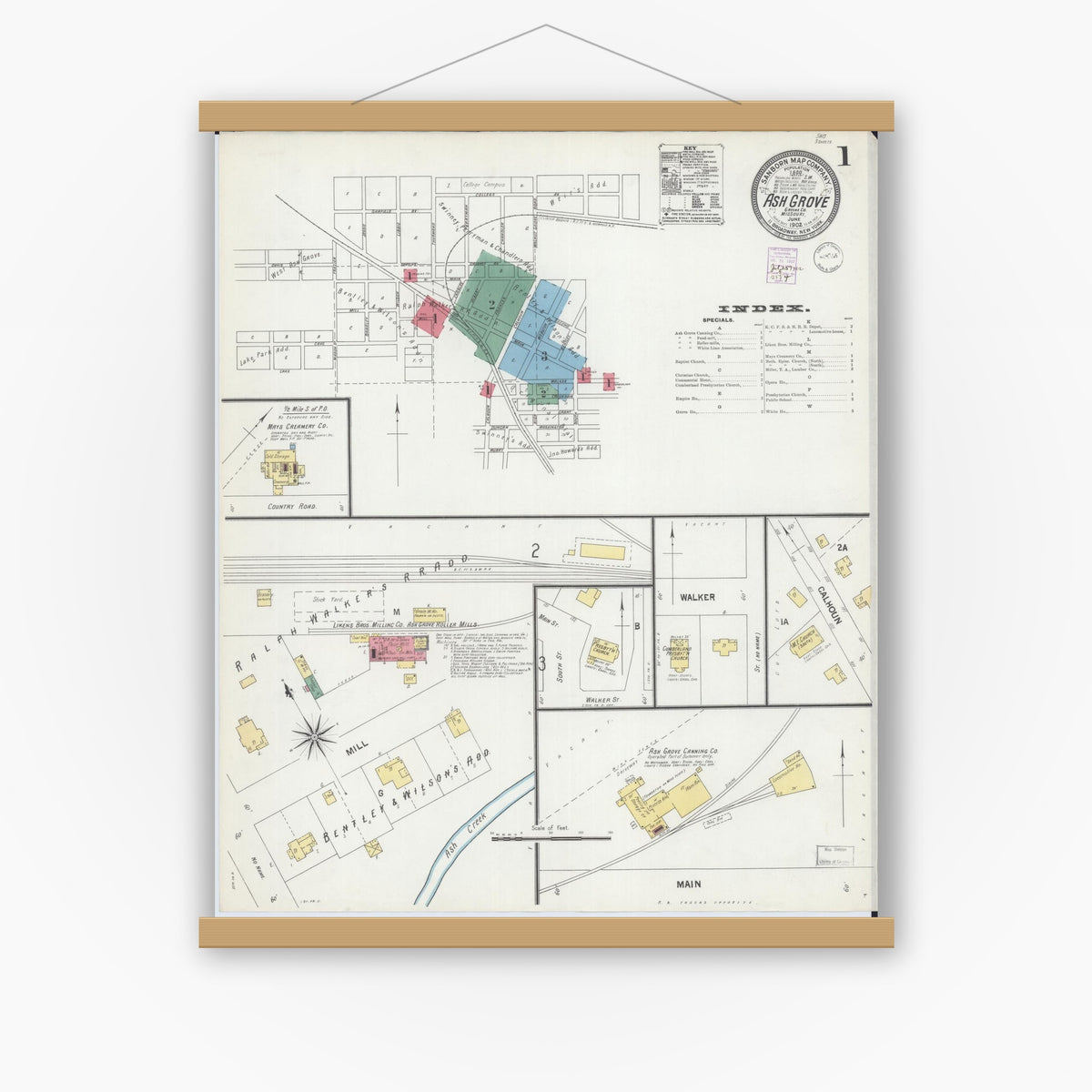 Old map wall art mockup — magnetic wood frame on white wall — Sanborn Fire Insurance Map from Ash Grove, Greene County, Missouri (1902) - Complete Map Set