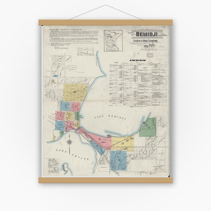 Old map wall art mockup — magnetic wood frame on white wall — Sanborn Fire Insurance Map from Bemidji, Beltrami County, Minnesota (1916), Sheet #0001