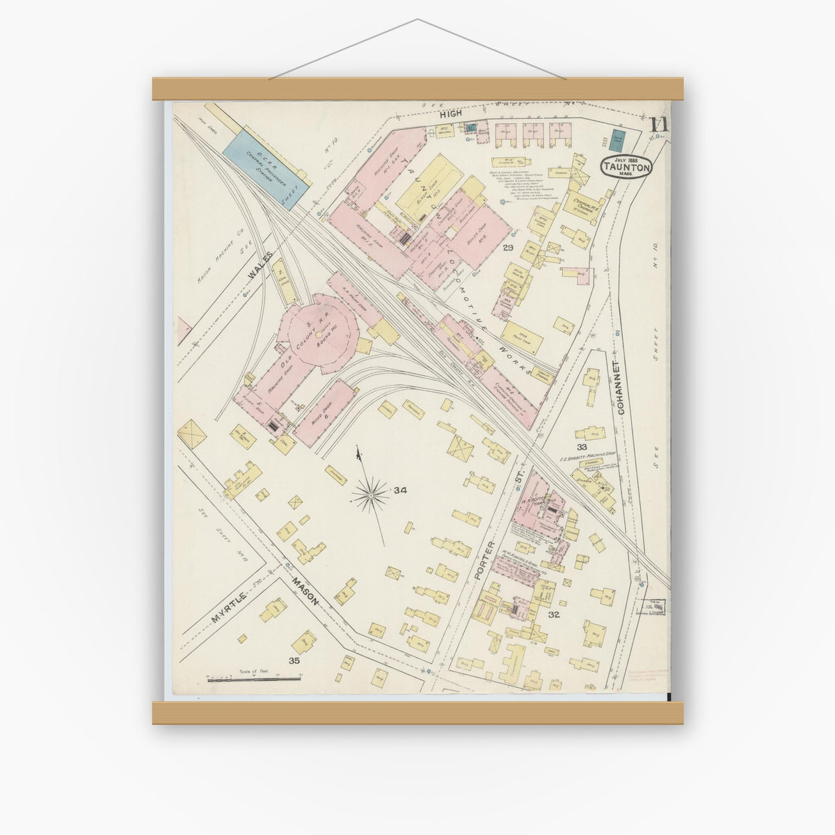 Old map wall art mockup — magnetic wood frame on white wall — Sanborn Fire Insurance Map from Taunton, Bristol County, Massachusetts (1888), Sheet #0011