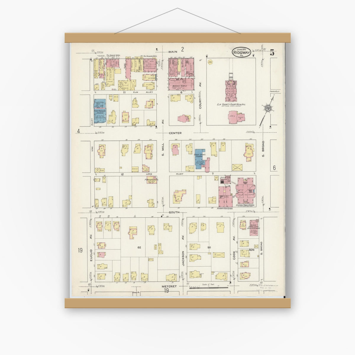 Old map wall art mockup — magnetic wood frame on white wall — Sanborn Fire Insurance Map from Ridgway, Elk County, Pennsylvania (1915), Sheet #0005