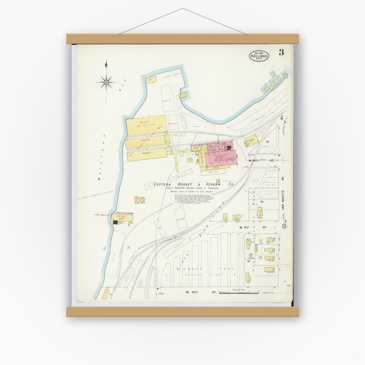 Old map wall art mockup — magnetic wood frame on white wall — Sanborn Fire Insurance Map from Holland, Ottawa County, Michigan (1908), Sheet #0003