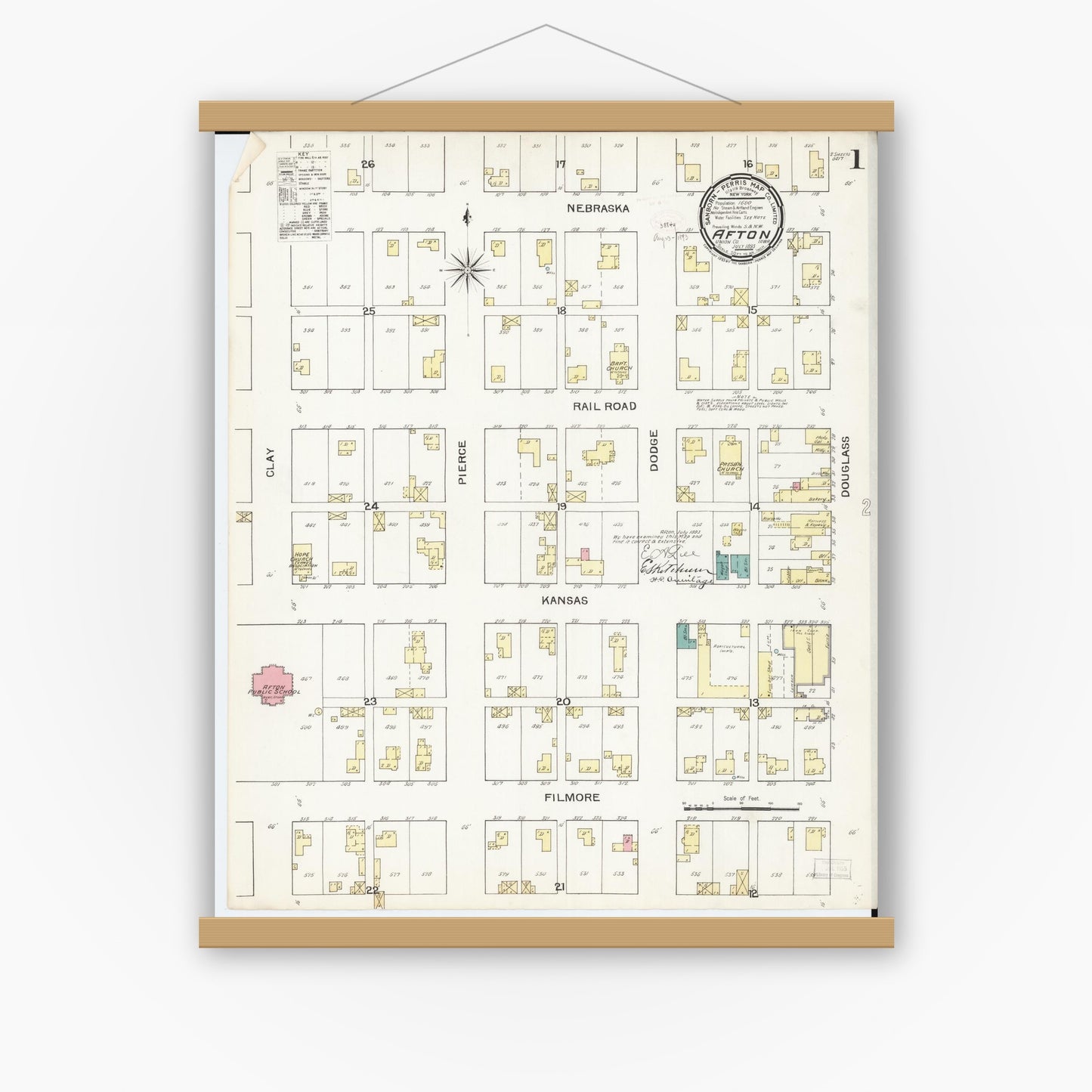 Old map wall art mockup — magnetic wood frame on white wall — Sanborn Fire Insurance Map from Afton, Union County, Iowa (1893) â€” Complete Set