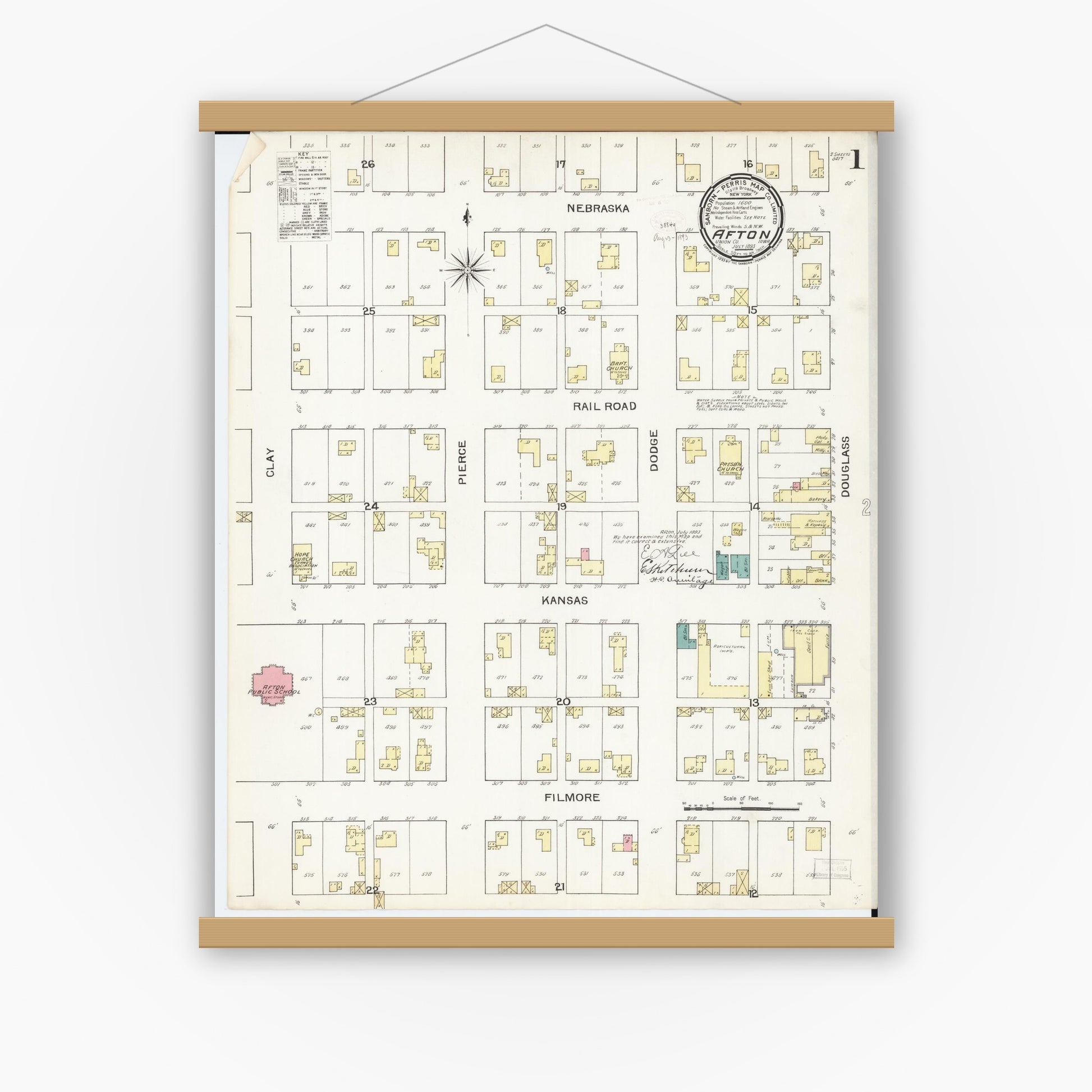 Old map wall art mockup — magnetic wood frame on white wall — Sanborn Fire Insurance Map from Afton, Union County, Iowa (1893) â€” Complete Set