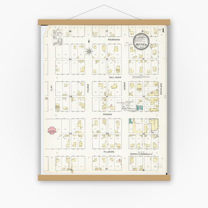 Old map wall art mockup — magnetic wood frame on white wall — Sanborn Fire Insurance Map from Afton, Union County, Iowa (1893) â€” Complete Set