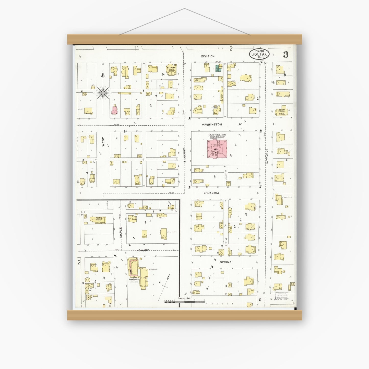 Old map wall art mockup — magnetic wood frame on white wall — Sanborn Fire Insurance Map from Colfax, Jasper County, Iowa (1906), Sheet #0003