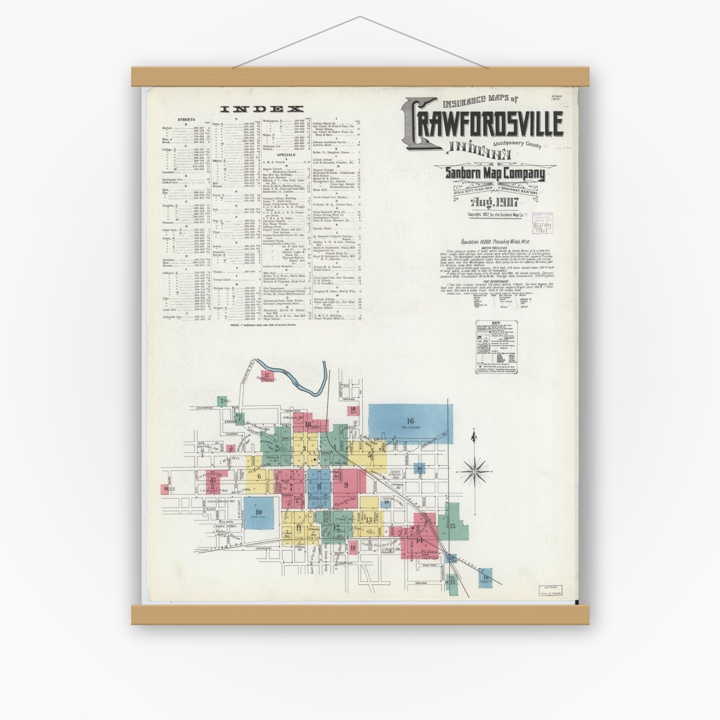 Old map wall art mockup — magnetic wood frame on white wall — Sanborn Fire Insurance Map from Crawfordsville, Montgomery County, Indiana (1907) - Complete Map Set