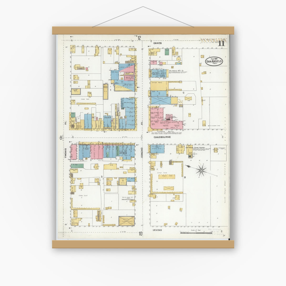 Old map wall art mockup — magnetic wood frame on white wall — Sanborn Fire Insurance Map from San Angelo, Tom Green County, Texas (1904), Sheet #0011