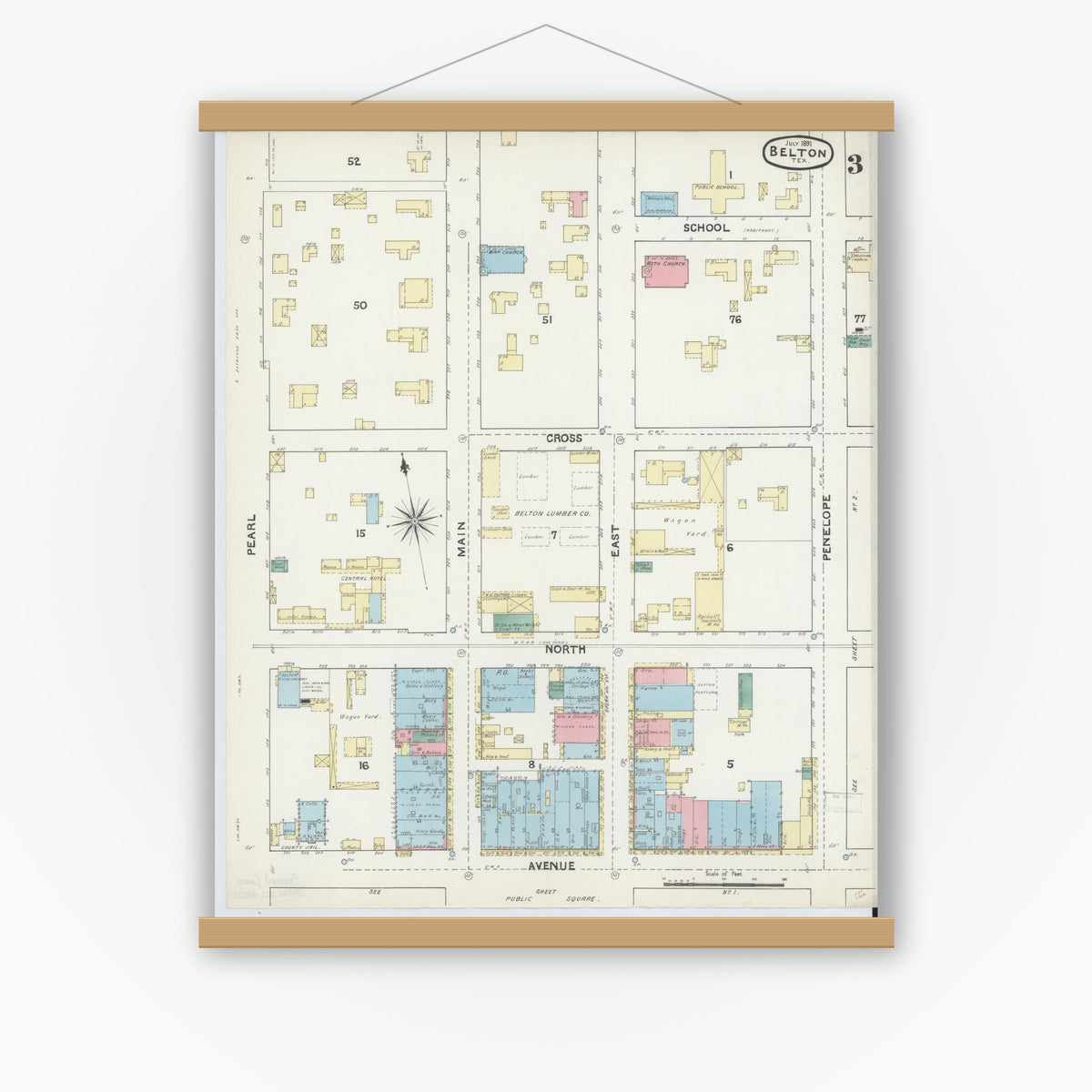 Old map wall art mockup — magnetic wood frame on white wall — Sanborn Fire Insurance Map from Belton, Bell County, Texas (1891), Sheet #0003