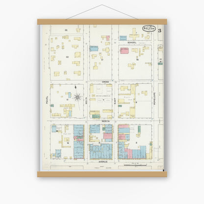 Old map wall art mockup — magnetic wood frame on white wall — Sanborn Fire Insurance Map from Belton, Bell County, Texas (1891), Sheet #0003