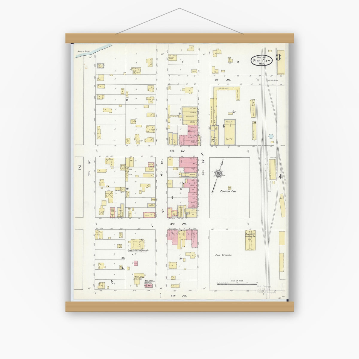 Old map wall art mockup — magnetic wood frame on white wall — Sanborn Fire Insurance Map from Pine City, Pine County, Minnesota (1911), Sheet #0003
