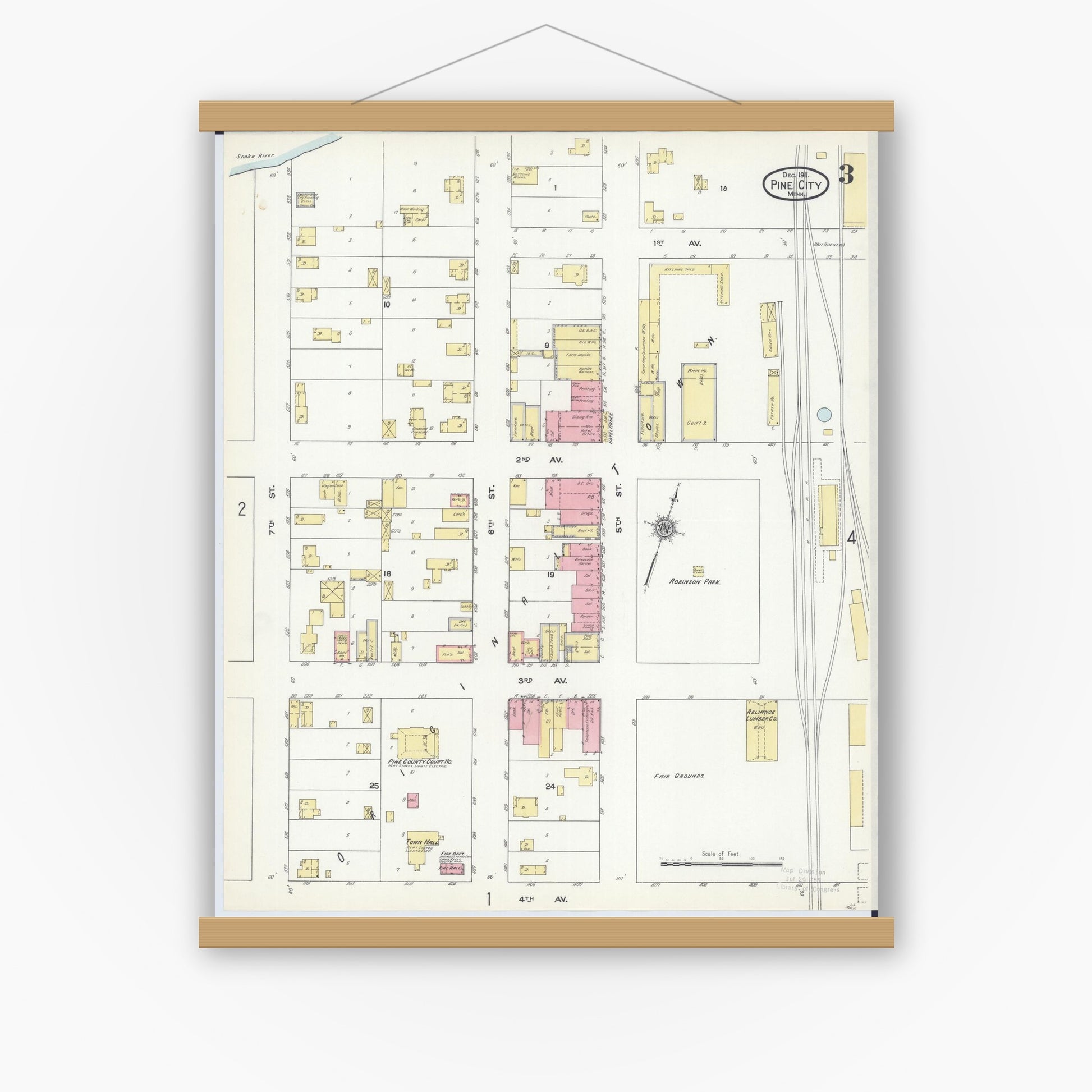 Old map wall art mockup — magnetic wood frame on white wall — Sanborn Fire Insurance Map from Pine City, Pine County, Minnesota (1911), Sheet #0003