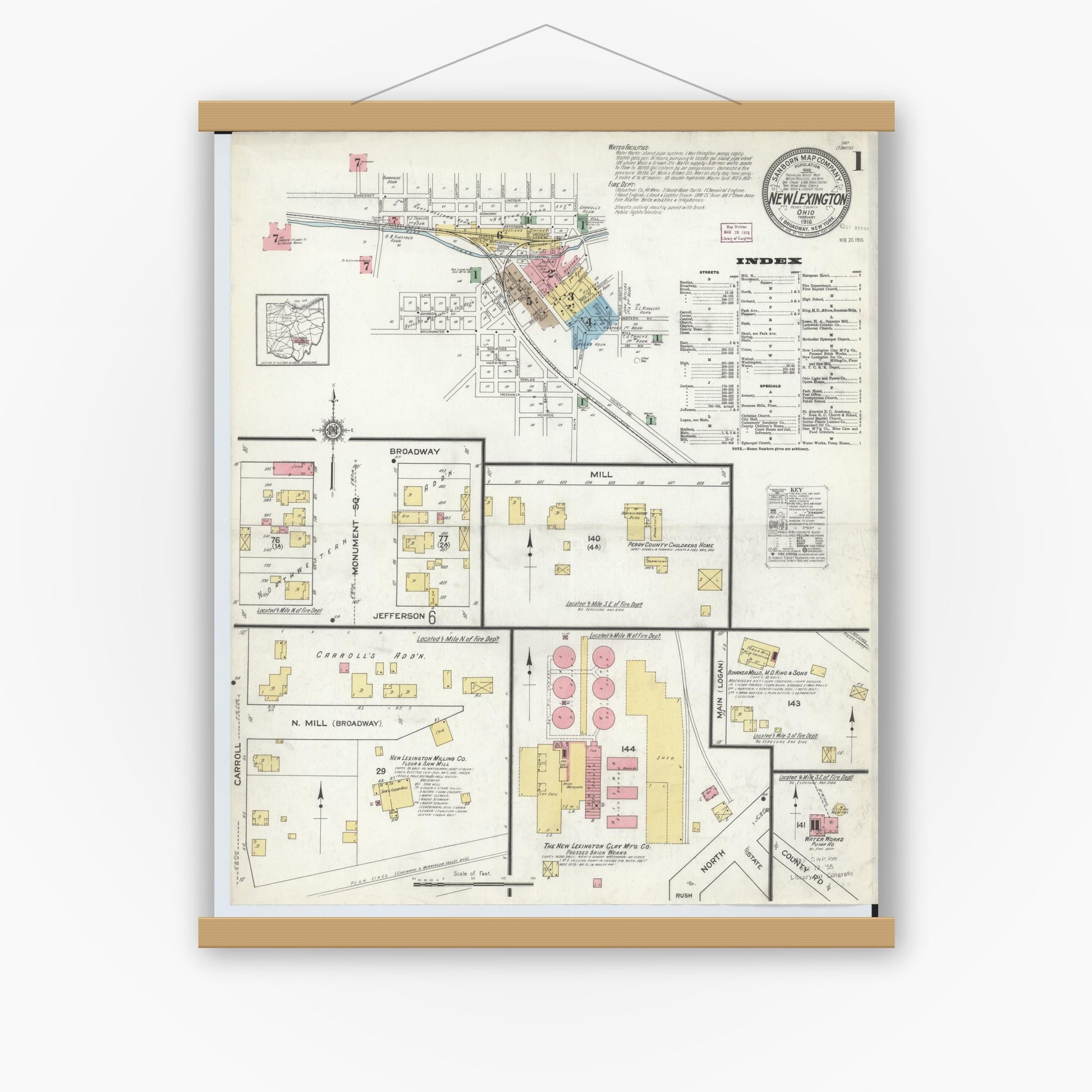 Old map wall art mockup — magnetic wood frame on white wall — Sanborn Fire Insurance Map from New Lexington, Perry County, Ohio (1916), Sheet #0001