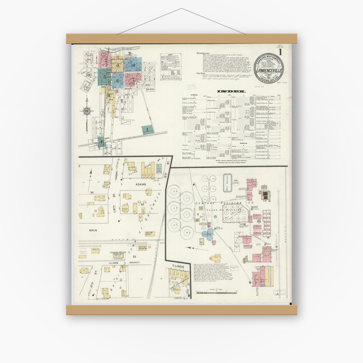 Old map wall art mockup — magnetic wood frame on white wall — Sanborn Fire Insurance Map from Lawrenceville, Lawrence County, Illinois (1912) - Complete Map Set
