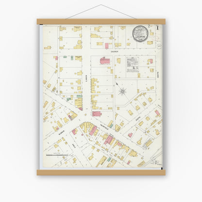 Old map wall art mockup — magnetic wood frame on white wall — Sanborn Fire Insurance Map from Leesburg, Highland County, Ohio (1899) - Complete Map Set