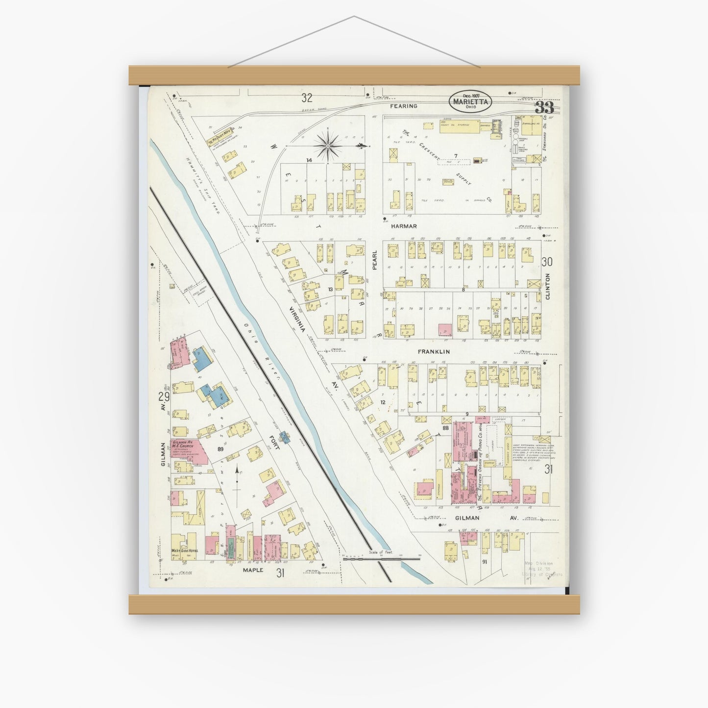 Old map wall art mockup — magnetic wood frame on white wall — Sanborn Fire Insurance Map from Marietta, Washington County, Ohio (1907), Sheet #0033