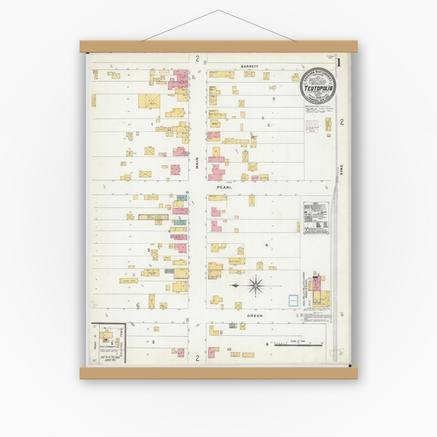 Old map wall art mockup — magnetic wood frame on white wall — Sanborn Fire Insurance Map from Teutopolis, Effingham County, Illinois (1906), Sheet #0001