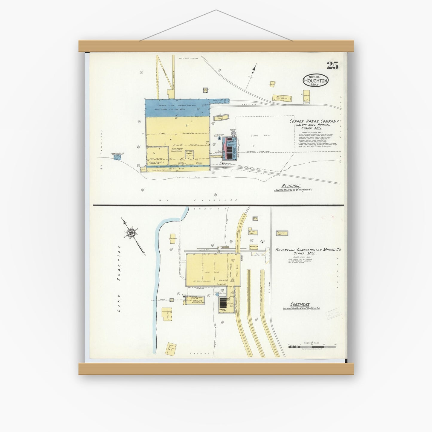 Old map wall art mockup — magnetic wood frame on white wall — Sanborn Fire Insurance Map from Houghton, Houghton County, Michigan (1917), Sheet #0025