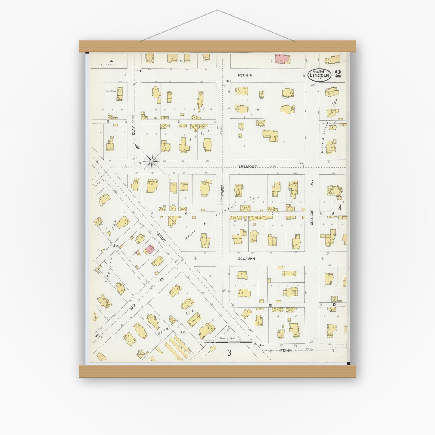 Old map wall art mockup — magnetic wood frame on white wall — Sanborn Fire Insurance Map from Lincoln, Logan County, Illinois (1902), Sheet #0002