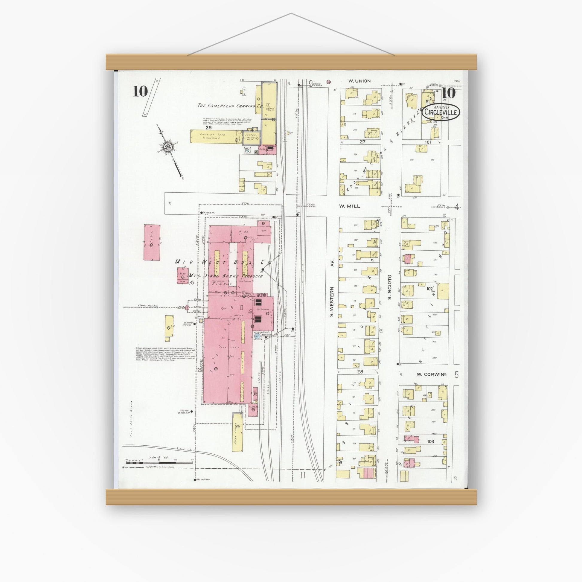 Old map wall art mockup — magnetic wood frame on white wall — Sanborn Fire Insurance Map from Circleville, Pickaway County, Ohio (1927), Sheet #0010