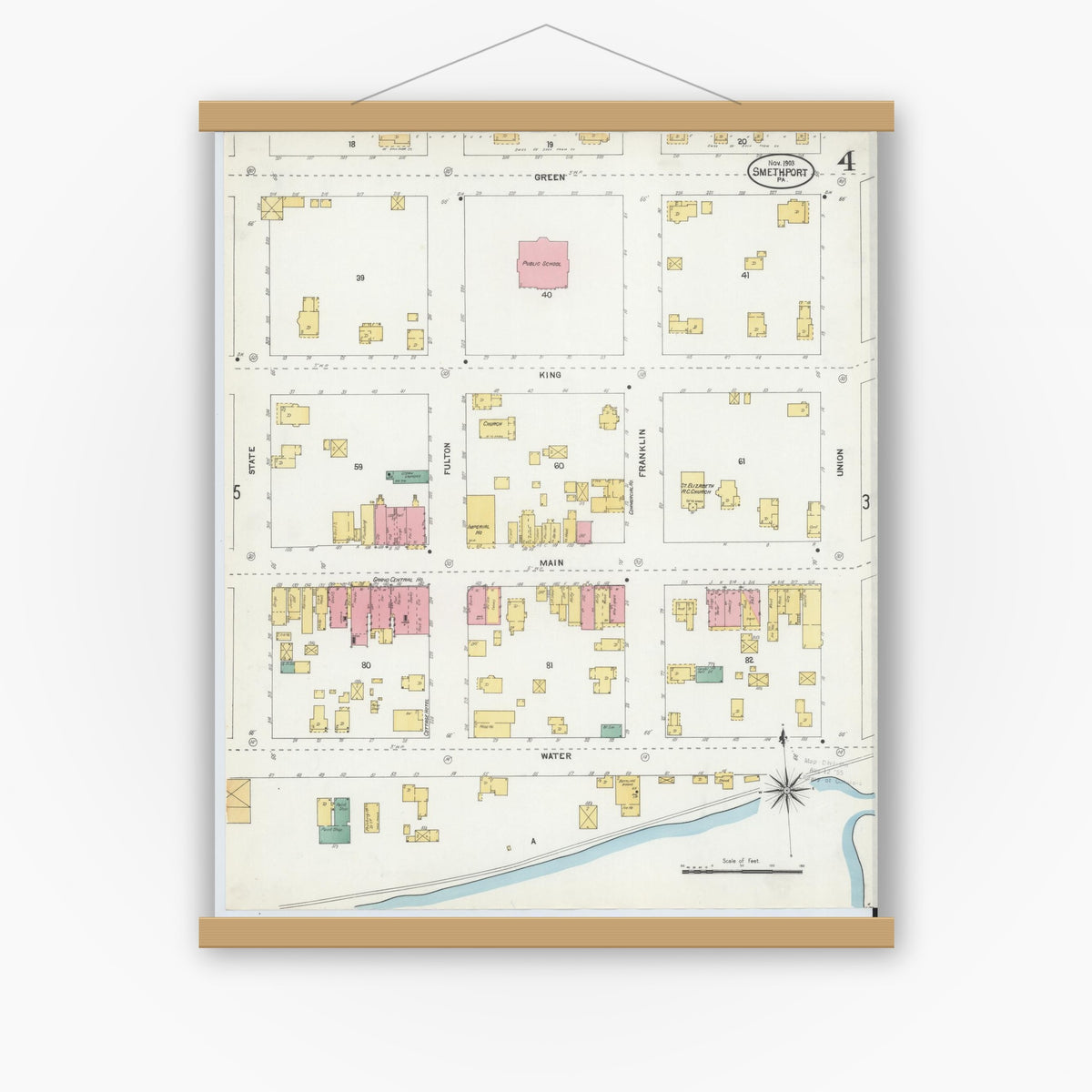 Old map wall art mockup — magnetic wood frame on white wall — Sanborn Fire Insurance Map from Smethport, McKean County, Pennsylvania (1903), Sheet #0004