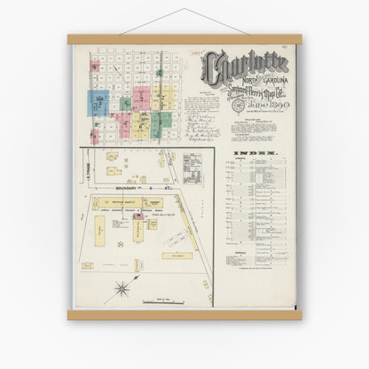 Old map wall art mockup — magnetic wood frame on white wall — Sanborn Fire Insurance Map from Charlotte, Mecklenburg County, North Carolina (1890) - Complete Map Set