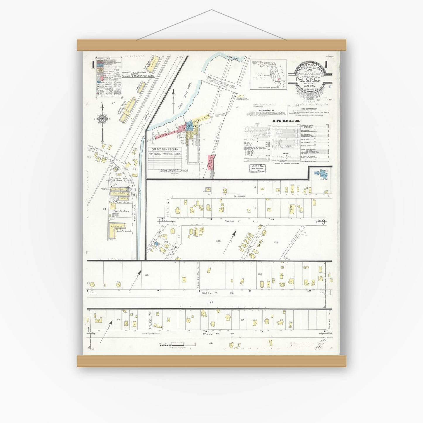 Old map wall art mockup — magnetic wood frame on white wall — Sanborn Fire Insurance Map from Pahokee, Palm Beach County, Florida (1943), Sheet #0001