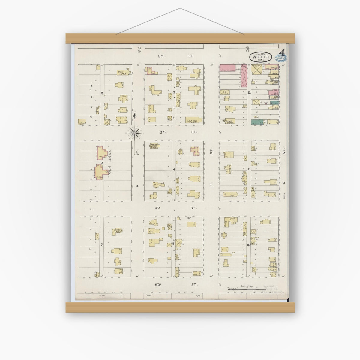 Old map wall art mockup — magnetic wood frame on white wall — Sanborn Fire Insurance Map from Wells, Faribault County, Minnesota (1894), Sheet #0004