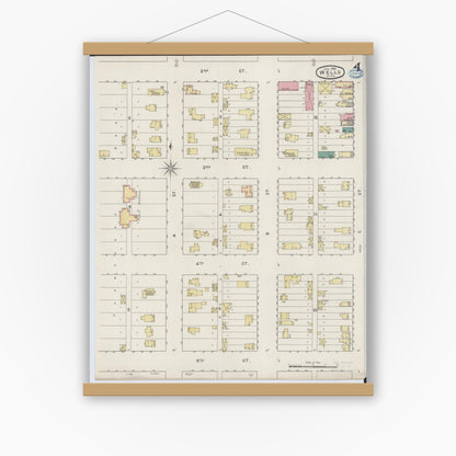 Old map wall art mockup — magnetic wood frame on white wall — Sanborn Fire Insurance Map from Wells, Faribault County, Minnesota (1894), Sheet #0004