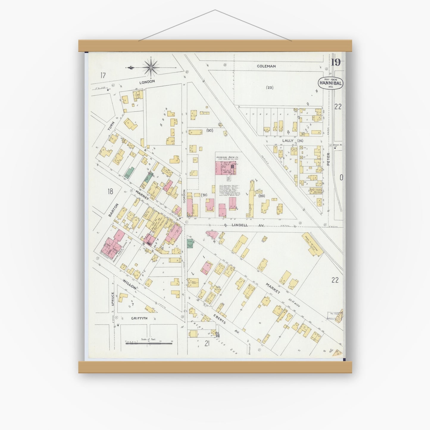 Old map wall art mockup — magnetic wood frame on white wall — Sanborn Fire Insurance Map from Hannibal, Marion County, Missouri (1906), Sheet #0019