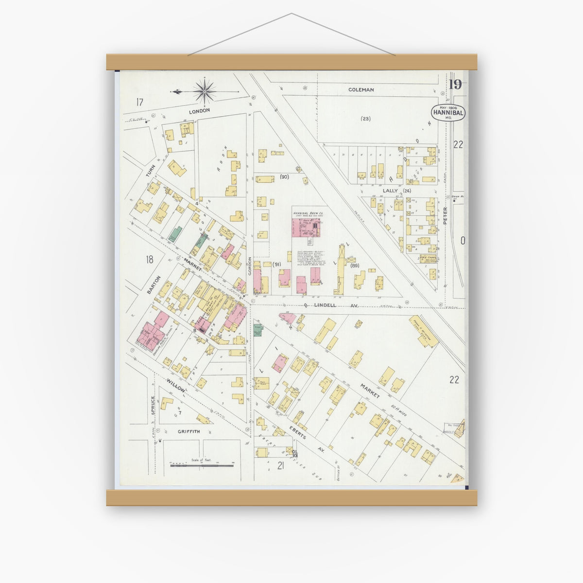 Old map wall art mockup — magnetic wood frame on white wall — Sanborn Fire Insurance Map from Hannibal, Marion County, Missouri (1906), Sheet #0019