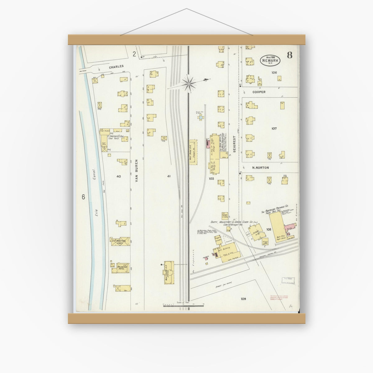 Old map wall art mockup — magnetic wood frame on white wall — Sanborn Fire Insurance Map from Newark, Wayne County, New York (1898), Sheet #0008