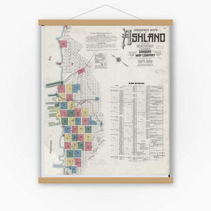 Old map wall art mockup — magnetic wood frame on white wall — Sanborn Fire Insurance Map from Ashland, Ashland County, Wisconsin (1909), Sheet #0001