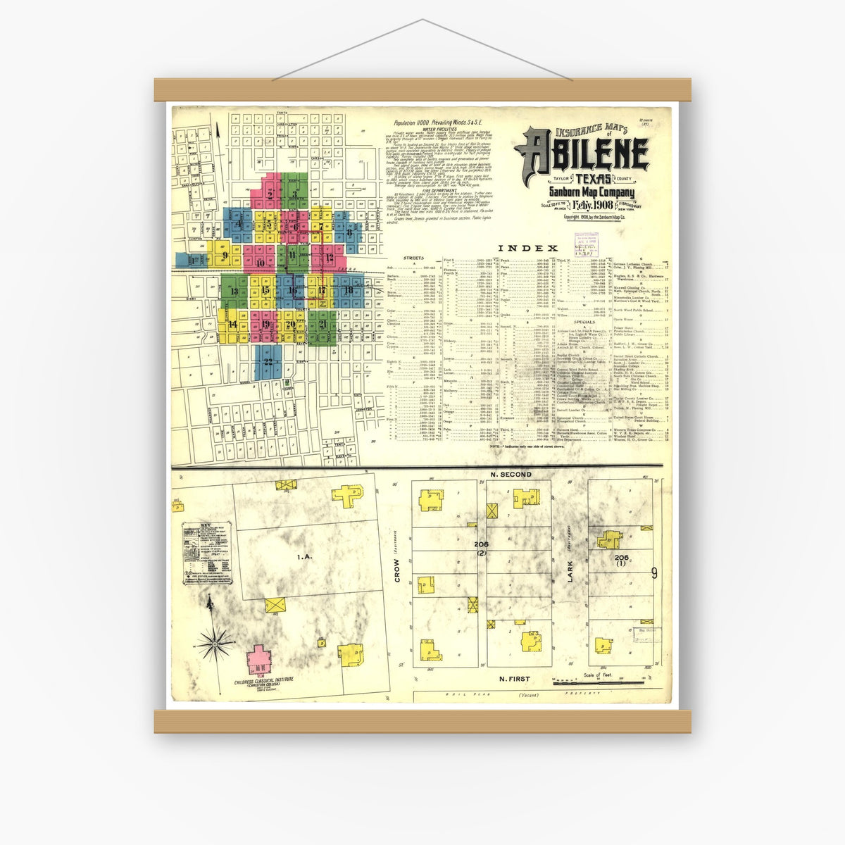 Old map wall art mockup — magnetic wood frame on white wall — Sanborn Fire Insurance Map from Abilene, Taylor County, Texas (1908), Sheet #0001
