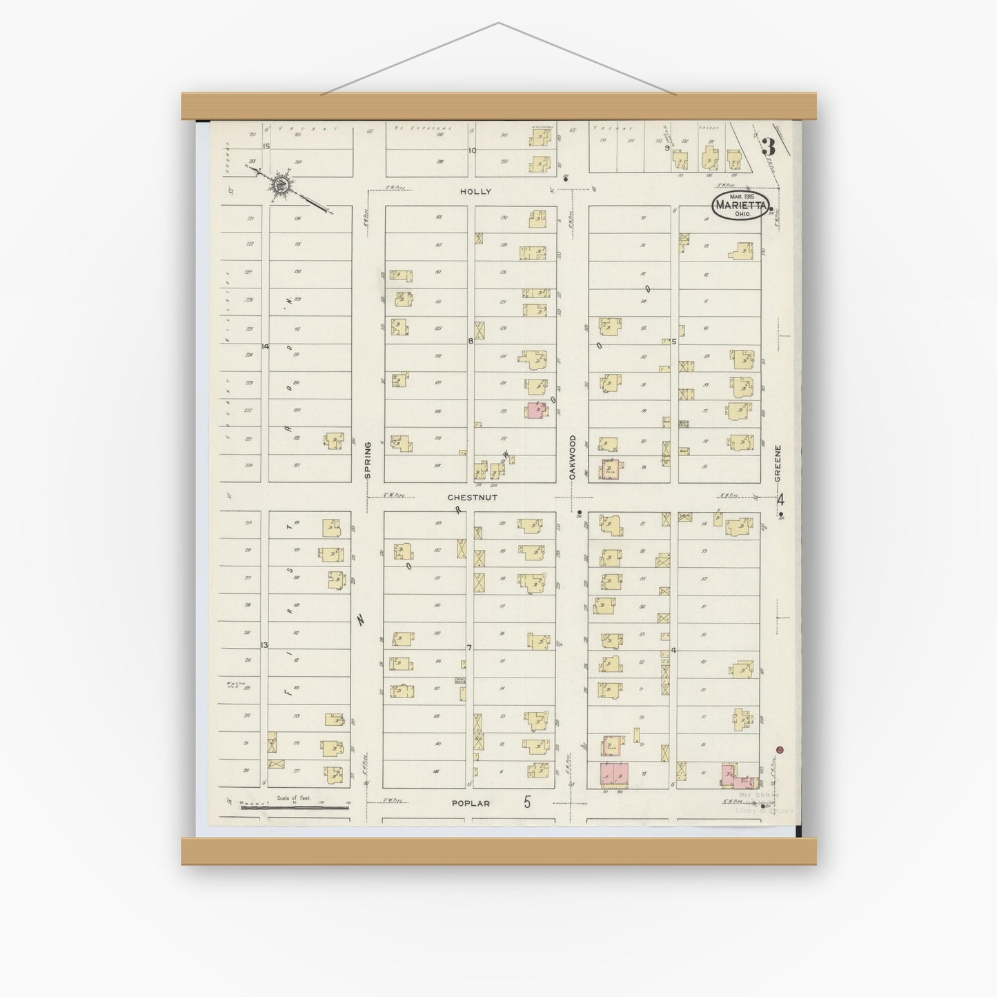 Old map wall art mockup — magnetic wood frame on white wall — Sanborn Fire Insurance Map from Marietta, Washington County, Ohio (1915), Sheet #0003