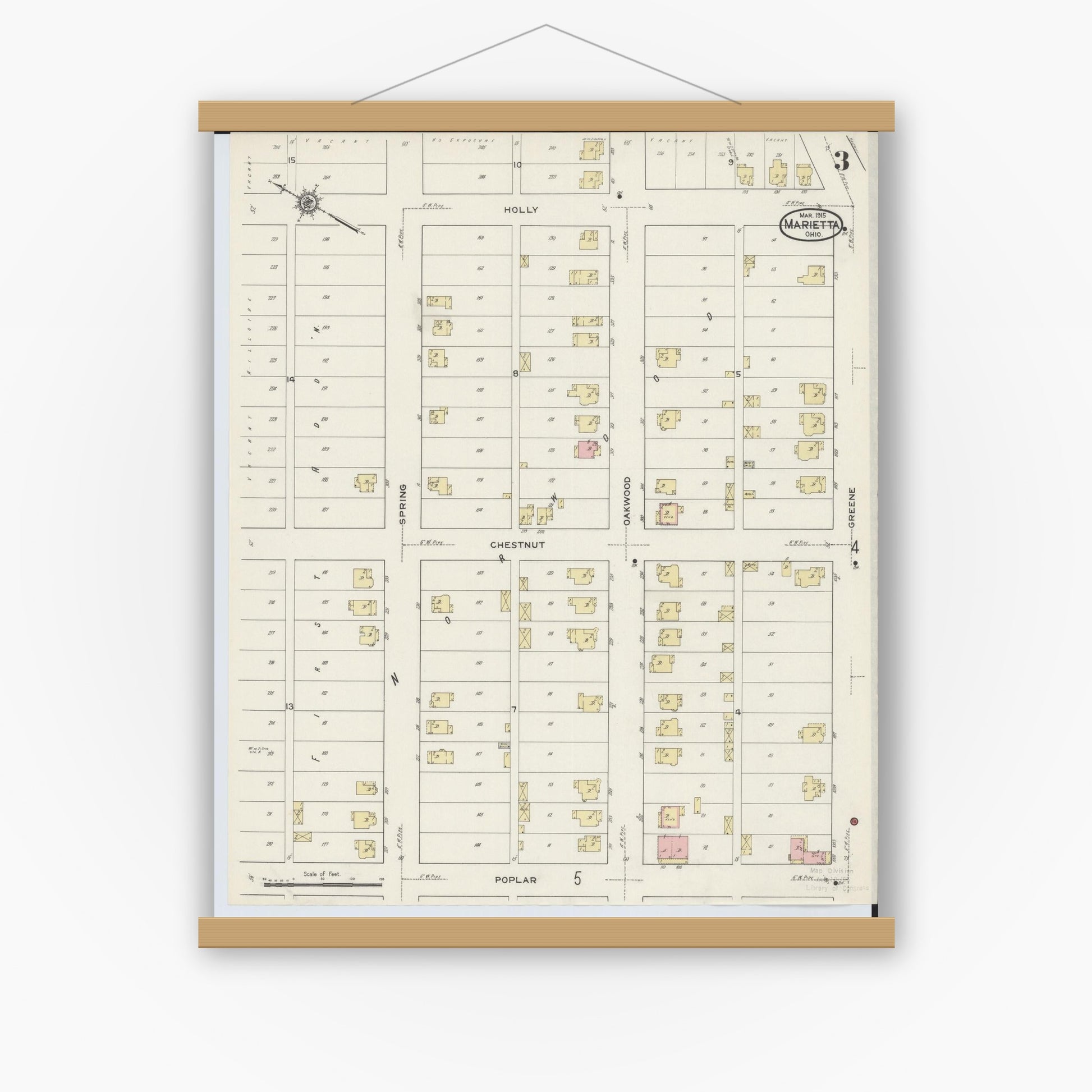 Old map wall art mockup — magnetic wood frame on white wall — Sanborn Fire Insurance Map from Marietta, Washington County, Ohio (1915), Sheet #0003