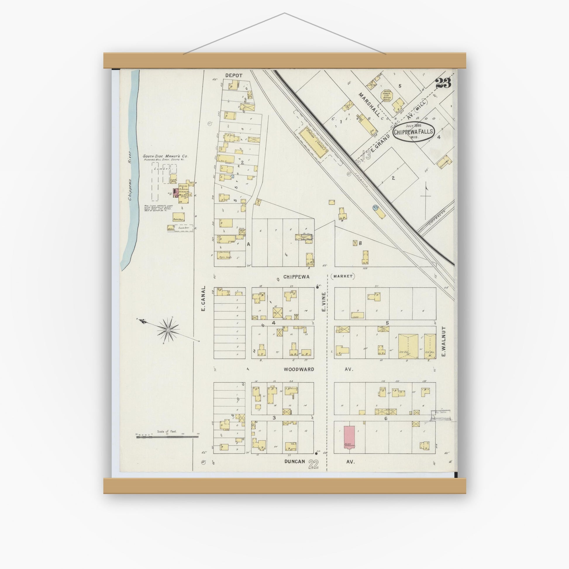 Old map wall art mockup — magnetic wood frame on white wall — Sanborn Fire Insurance Map from Chippewa Falls, Chippewa County, Wisconsin (1895), Sheet #0023
