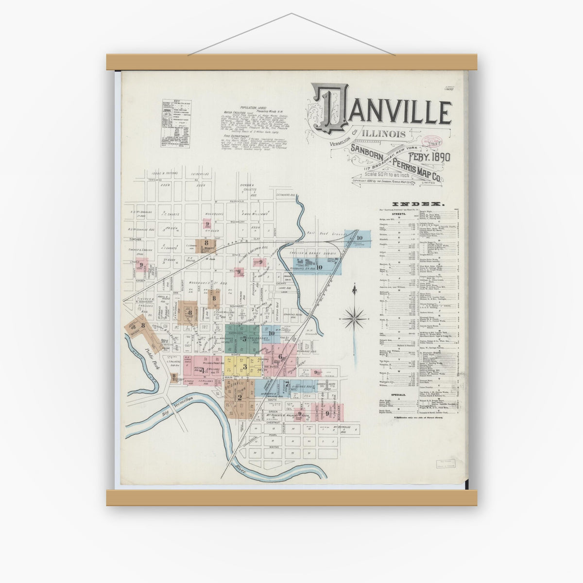 Old map wall art mockup — magnetic wood frame on white wall — Sanborn Fire Insurance Map from Danville, Vermilion County, Illinois (1890), Sheet #0001