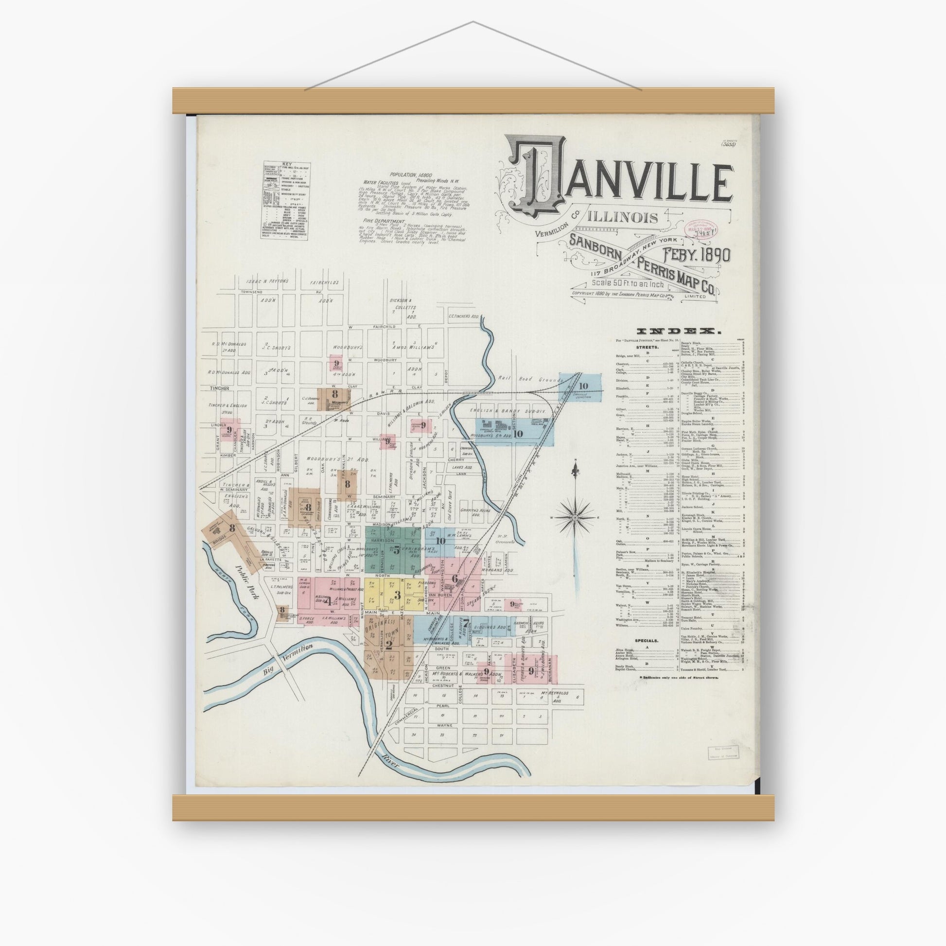 Old map wall art mockup — magnetic wood frame on white wall — Sanborn Fire Insurance Map from Danville, Vermilion County, Illinois (1890), Sheet #0001