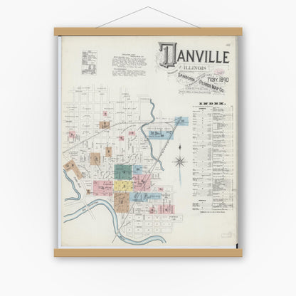 Old map wall art mockup — magnetic wood frame on white wall — Sanborn Fire Insurance Map from Danville, Vermilion County, Illinois (1890), Sheet #0001