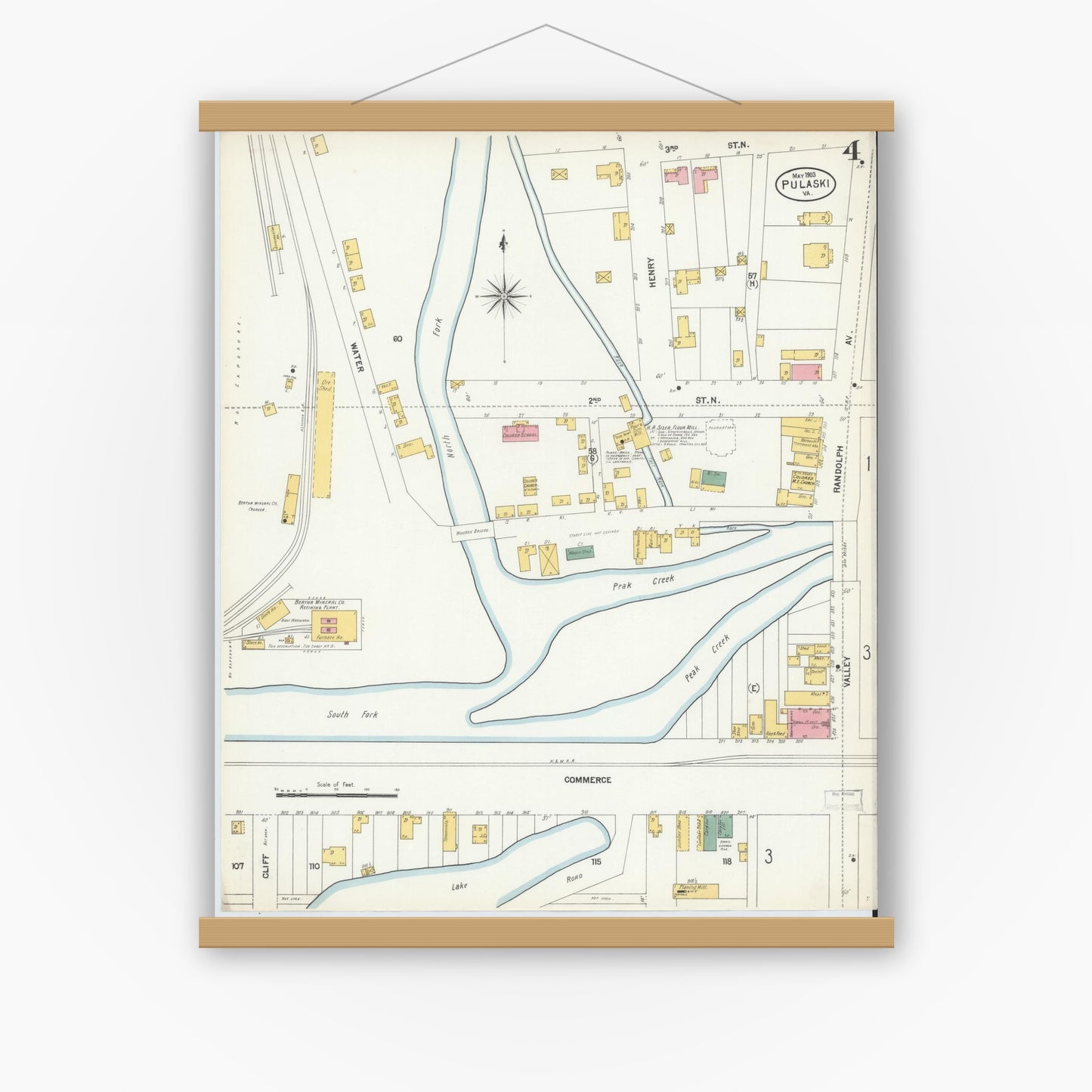 Old map wall art mockup — magnetic wood frame on white wall — Sanborn Fire Insurance Map from Pulaski, Pulaski County, Virginia (1903), Sheet #0004