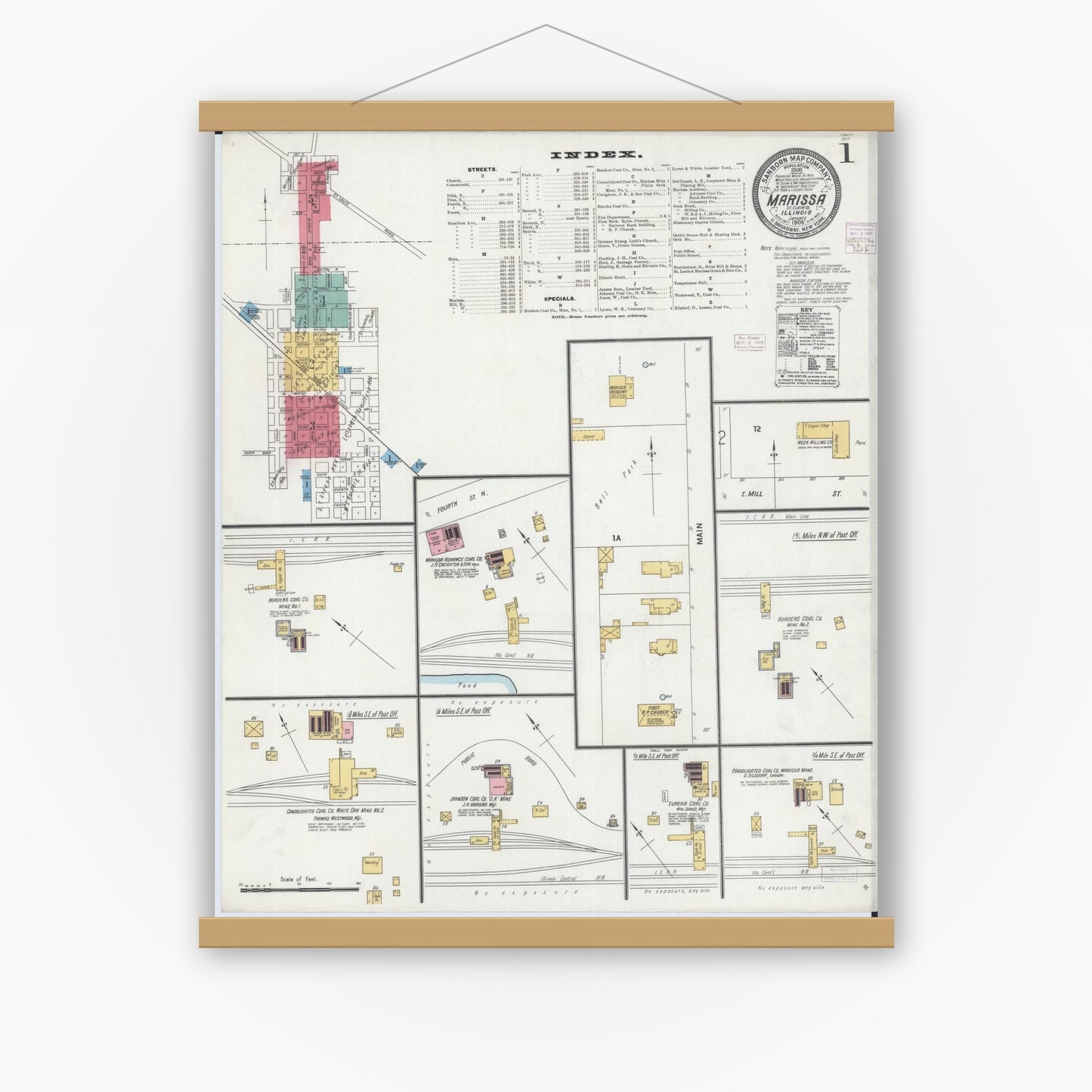 Old map wall art mockup — magnetic wood frame on white wall — Sanborn Fire Insurance Map from Marissa, Saint Clair County, Illinois (1906) - Complete Map Set