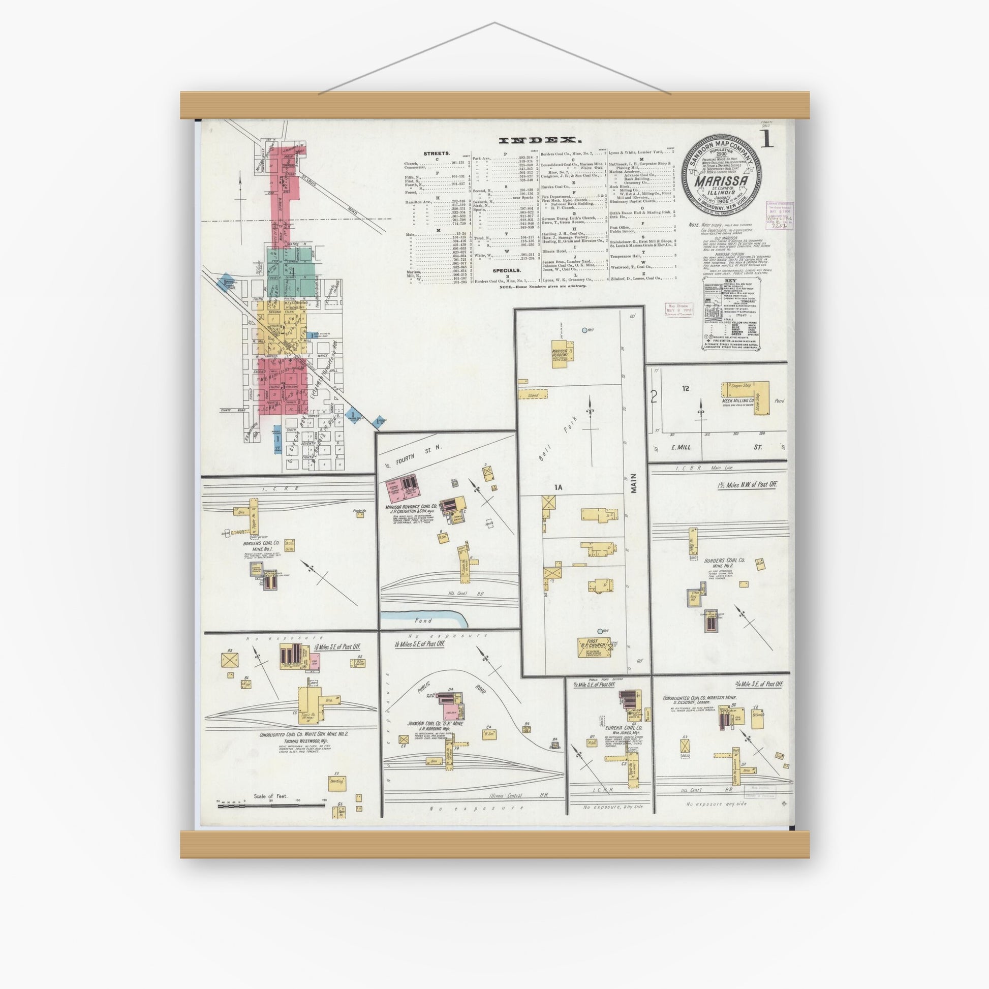 Old map wall art mockup — magnetic wood frame on white wall — Sanborn Fire Insurance Map from Marissa, Saint Clair County, Illinois (1906) - Complete Map Set