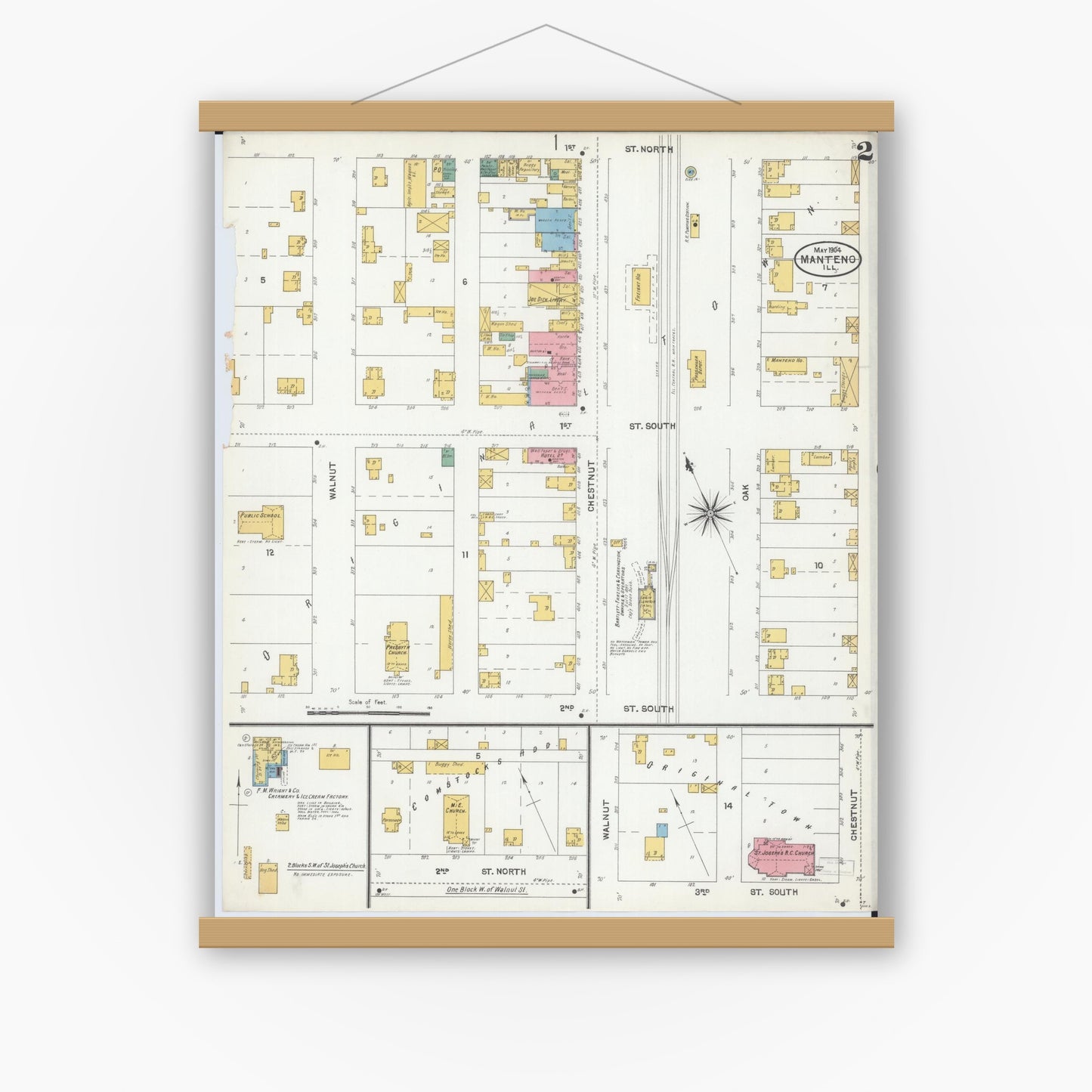 Old map wall art mockup — magnetic wood frame on white wall — Sanborn Fire Insurance Map from Manteno, Kankakee County, Illinois (1904), Sheet #0002
