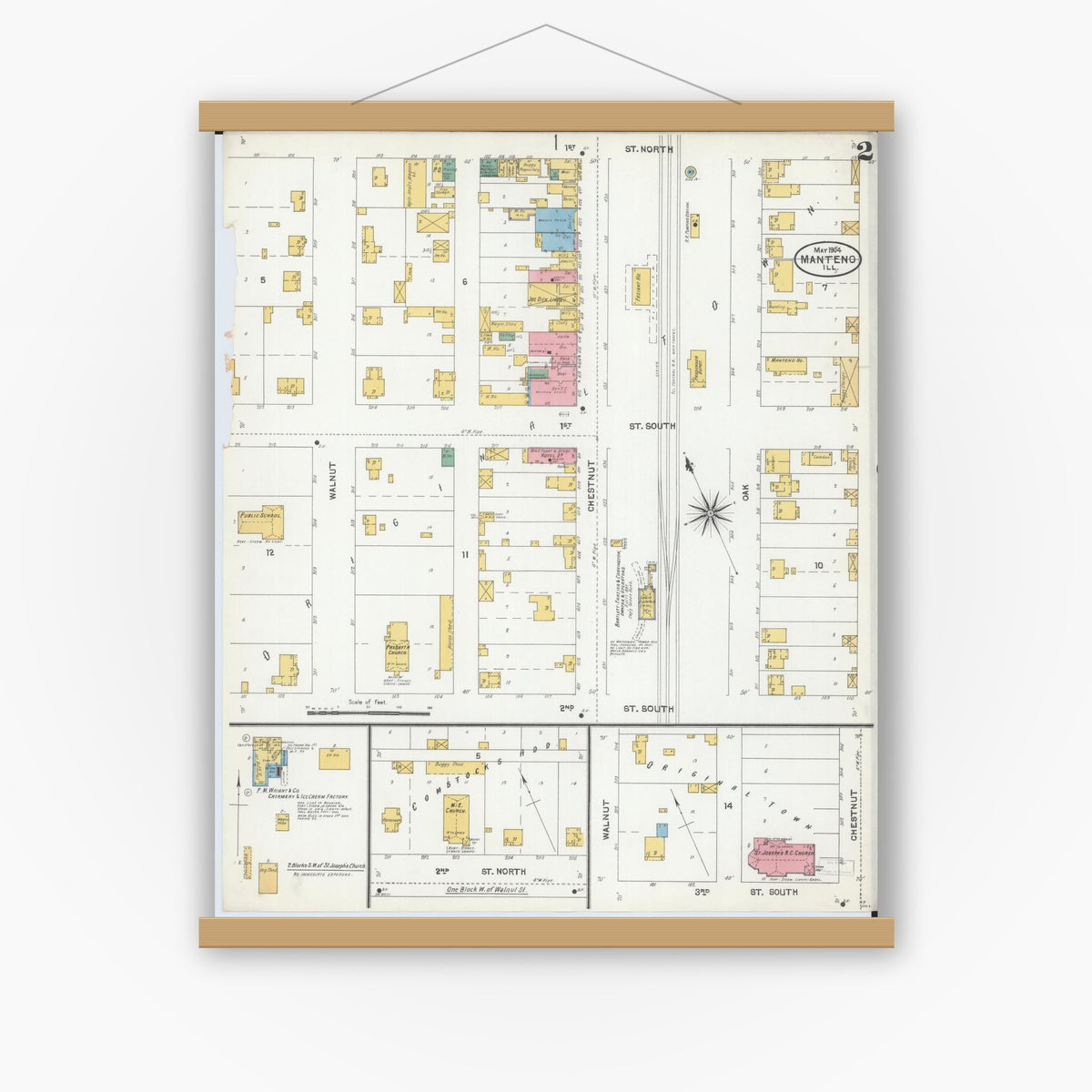 Old map wall art mockup — magnetic wood frame on white wall — Sanborn Fire Insurance Map from Manteno, Kankakee County, Illinois (1904), Sheet #0002