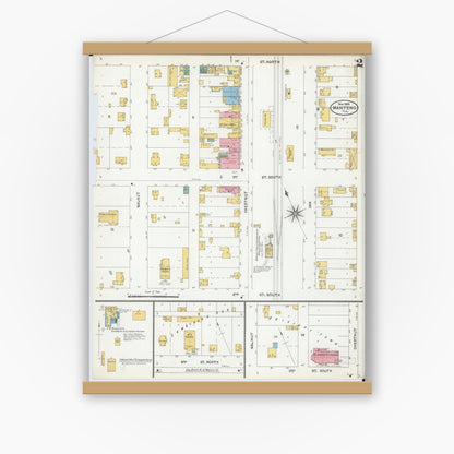 Old map wall art mockup — magnetic wood frame on white wall — Sanborn Fire Insurance Map from Manteno, Kankakee County, Illinois (1904), Sheet #0002