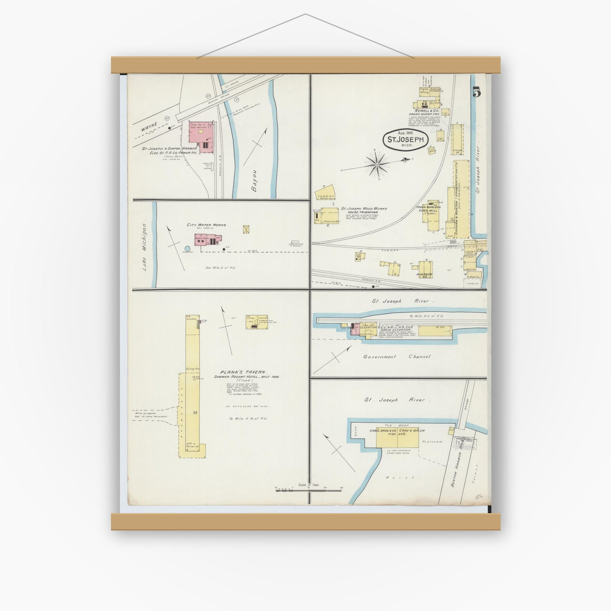 Old map wall art mockup — magnetic wood frame on white wall — Sanborn Fire Insurance Map from Saint Joseph, Berrien County, Michigan (1892), Sheet #0005