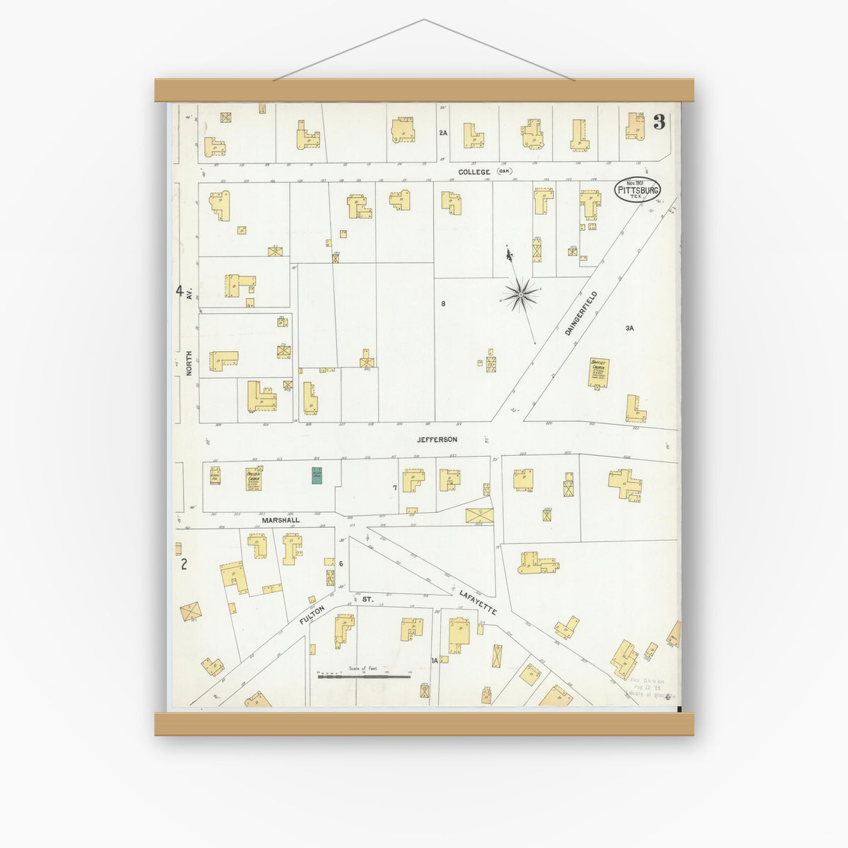 Old map wall art mockup — magnetic wood frame on white wall — Sanborn Fire Insurance Map from Pittsburg, Camp County, Texas (1901), Sheet #0003