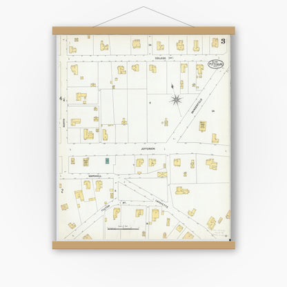 Old map wall art mockup — magnetic wood frame on white wall — Sanborn Fire Insurance Map from Pittsburg, Camp County, Texas (1901), Sheet #0003